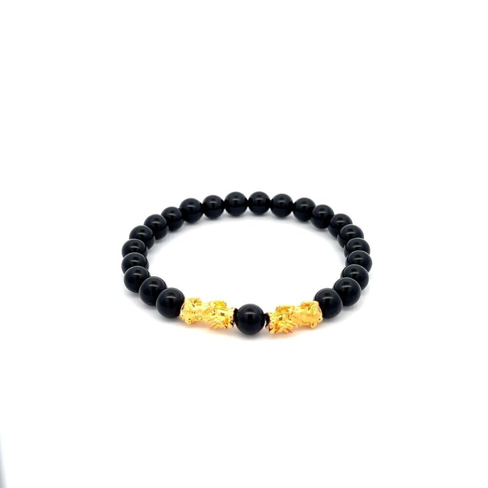 18K Gold Dragon Pixiu Double Piyao Lucky Charm Bracelet Gemstones Onyx 6mm - Picture 1 of 5